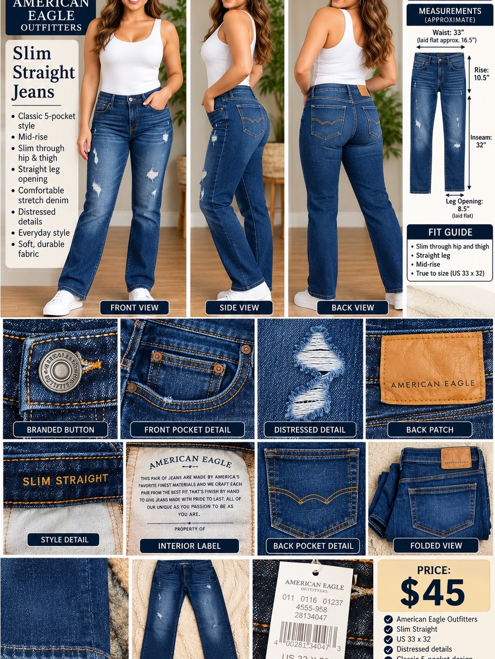 American Eagle Outfitters Dark Blue Distressed Straight Leg Jeans